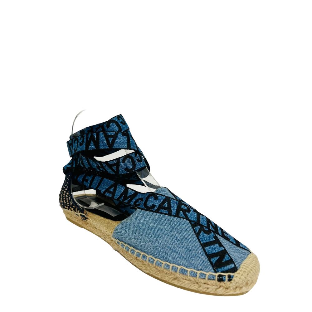 STELLA MCCARTNEY Blue Denim Gaia Canvas Lace Up Ankle Tie Espadrilles Flats 37 - Picture 3 of 8